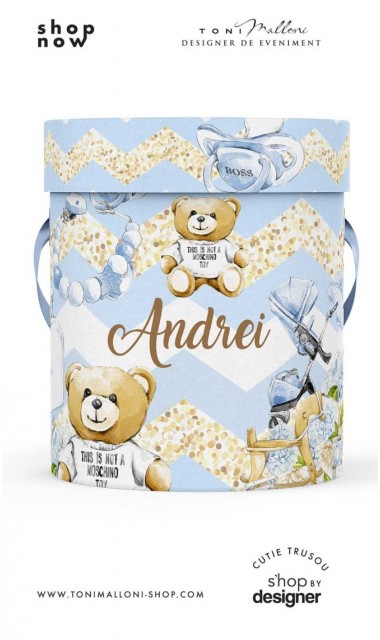 Cutie rotunda personalizata din mucava pentru trusou botez baieti Baby Dior 1